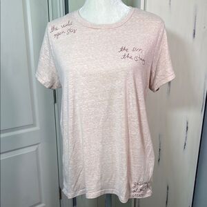 Lucky Brand Blush Graphic Tee Embroidered Script Boho Pink T-Shirt Size L